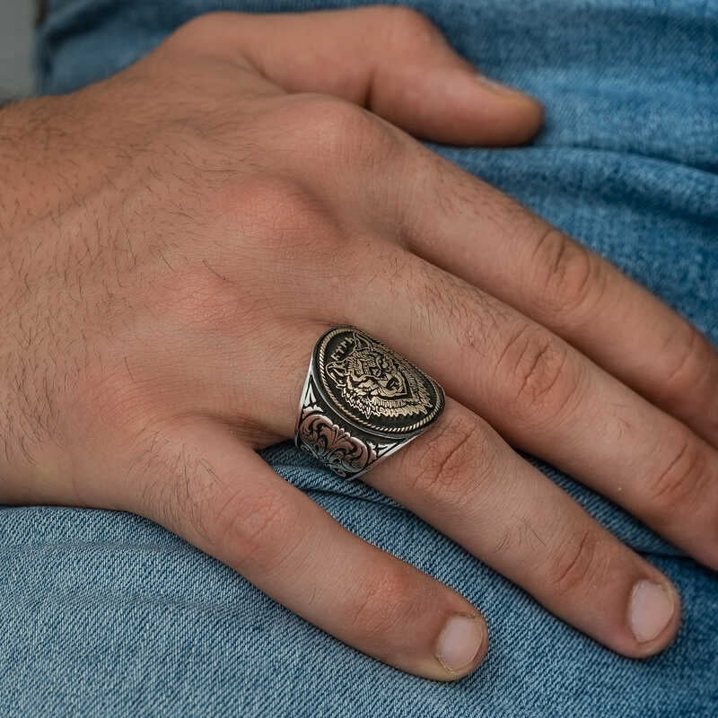Premium Silver Mens Wolf Head Old Turkic Script Ring