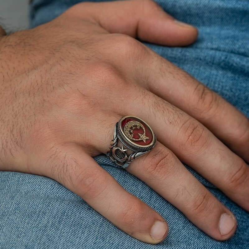 Premium Sterling Silver Mens Göktürk Script Crescent Star Ring
