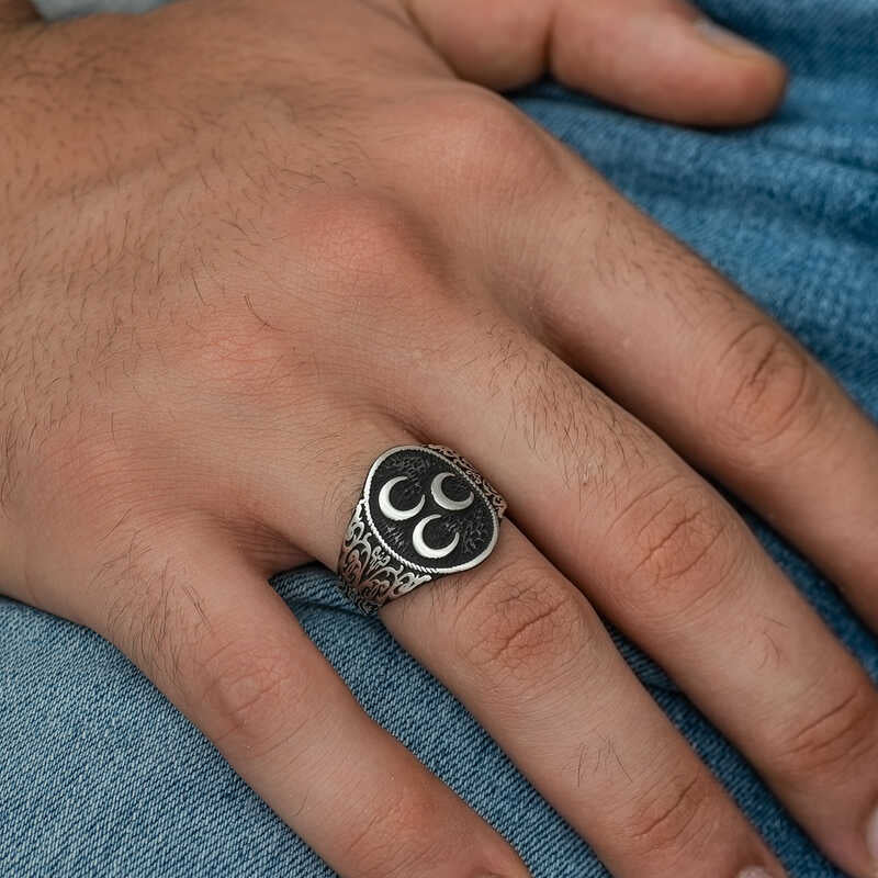 Premium Oxidized Silver Three Crescent Men's Ring