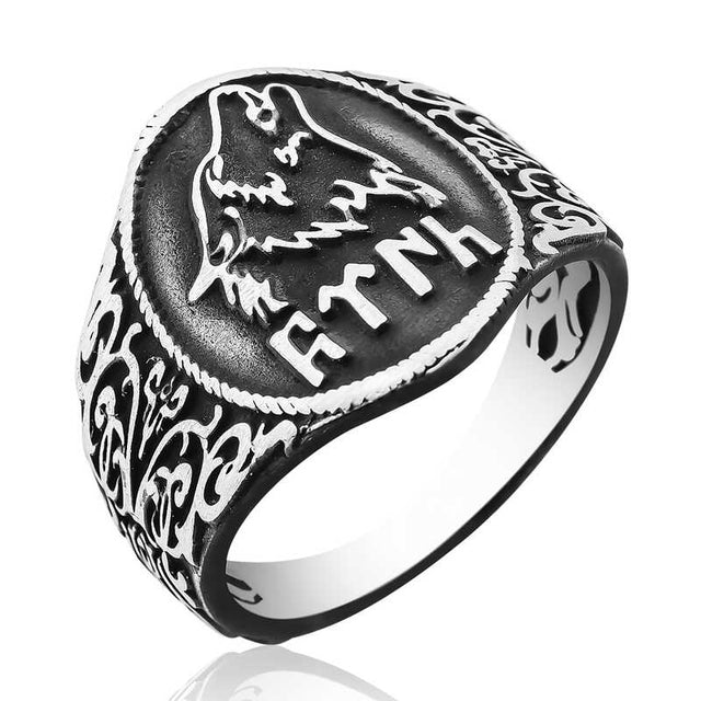 Premium Sterling Silver Mens Grey Wolf Turkic Script Ring