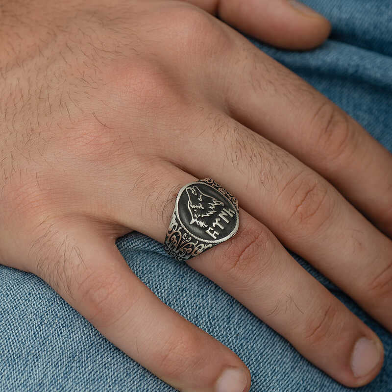 Premium Sterling Silver Mens Grey Wolf Turkic Script Ring
