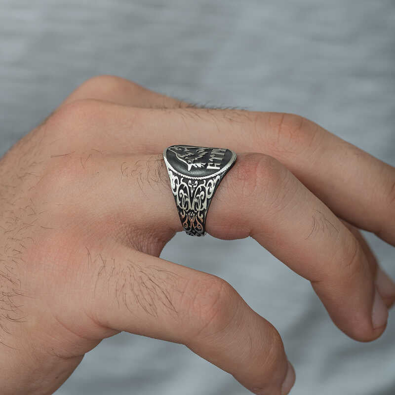 Premium Sterling Silver Mens Grey Wolf Turkic Script Ring