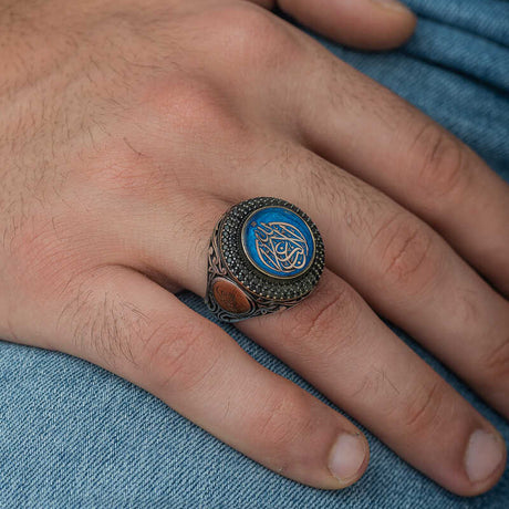 Premium Sterling Silver Men's Ring Islamic Calligraphy Zircon Accents