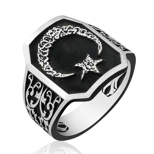 Premium Mens Silver Crescent Star Ottoman Ring