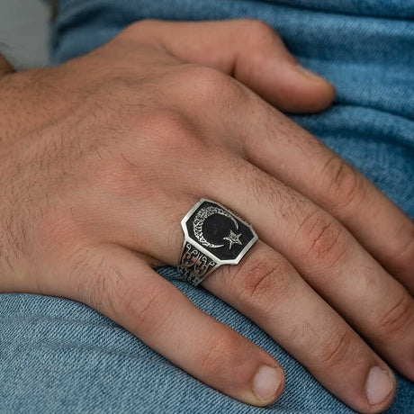 Premium Mens Silver Crescent Star Ottoman Ring