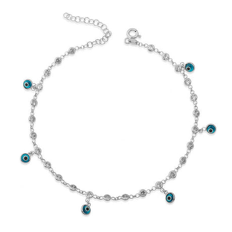 Sparkling Sterling Silver Cubic Zirconia Evil Eye Charm Anklet