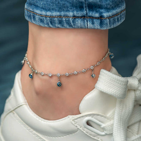 Sparkling Sterling Silver Cubic Zirconia Evil Eye Charm Anklet