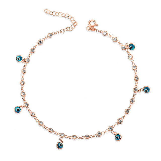 Anklet - Rose Gold Plated Cubic Zirconia & Evil Eye Charm Dainty Design