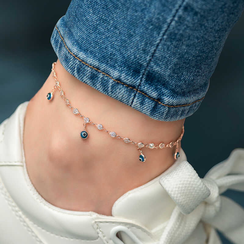 Anklet - Rose Gold Plated Cubic Zirconia & Evil Eye Charm Dainty Design