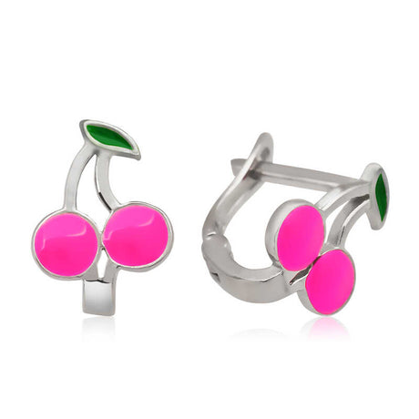 Kids' Huggie Earrings - Sterling Silver Pink Cherry Enamel Design