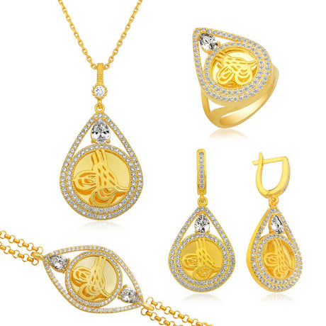 Ottoman Tughra Teardrop Jewelry Set - Gold-Tone, Sparkling Zirconia