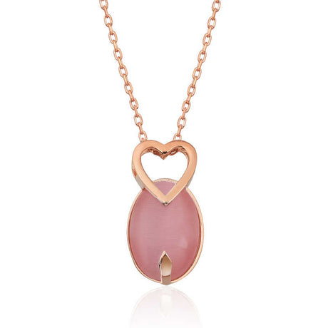 Necklace - Rose Gold-Tone Pink Cat's Eye Stone Heart Pendant