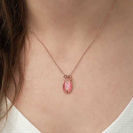 Necklace - Rose Gold-Tone Pink Cat's Eye Stone Heart Pendant