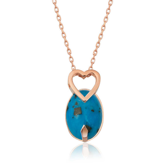 Rose Gold Plated Silver Necklace - Heart & Oval Turquoise Pendant