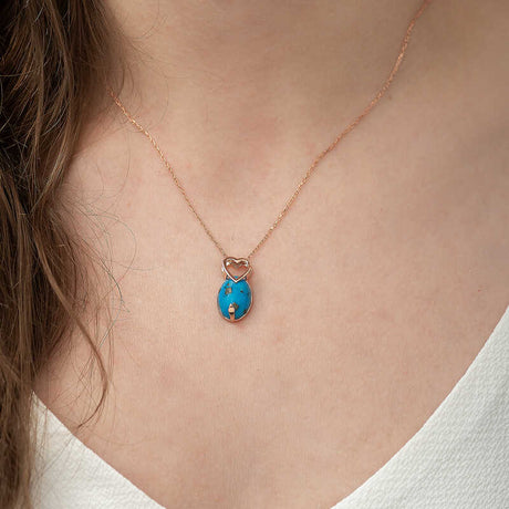 Rose Gold Plated Silver Necklace - Heart & Oval Turquoise Pendant
