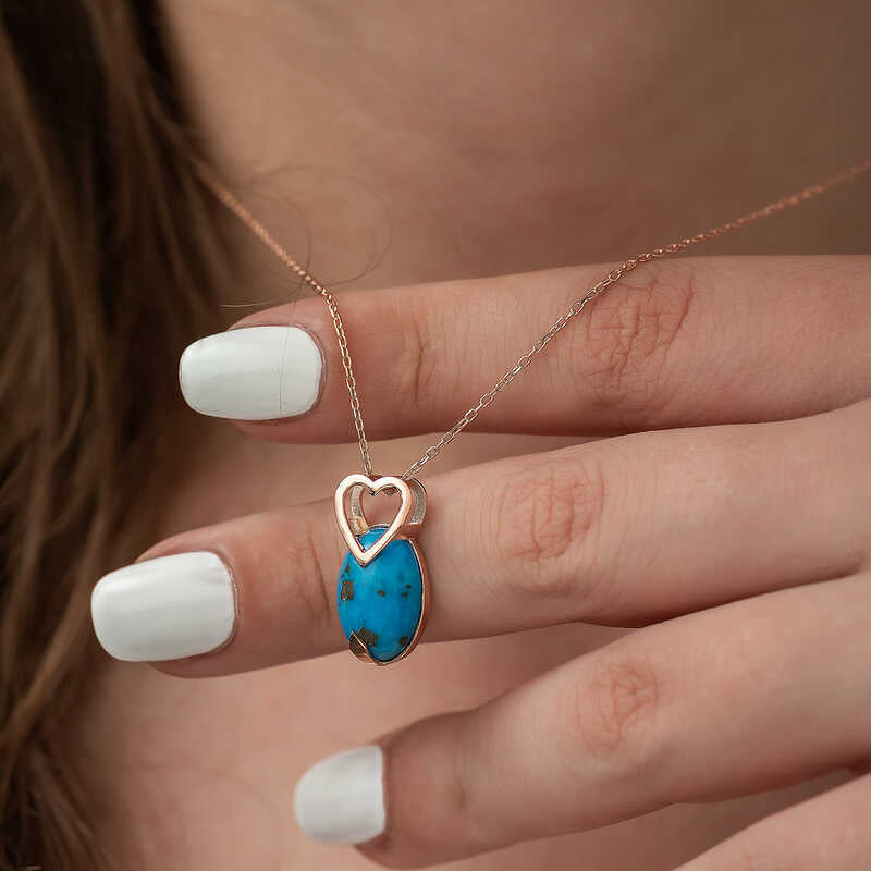 Rose Gold Plated Silver Necklace - Heart & Oval Turquoise Pendant