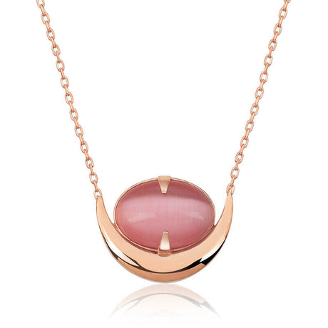 Rose Gold-Tone Pink Cat's Eye Crescent Pendant Necklace