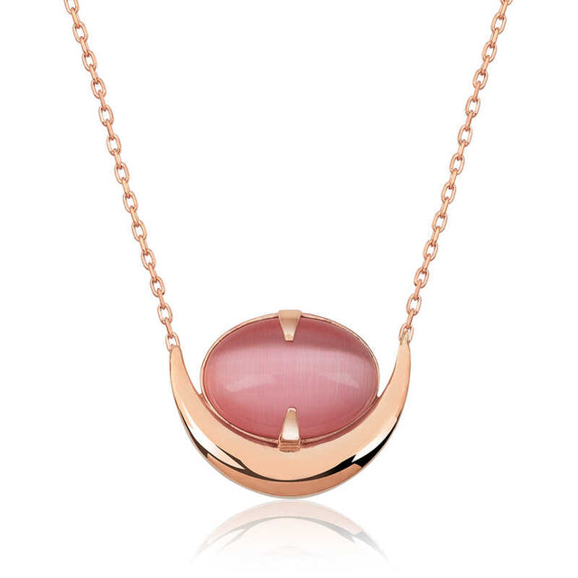 Rose Gold-Tone Pink Cat's Eye Crescent Pendant Necklace