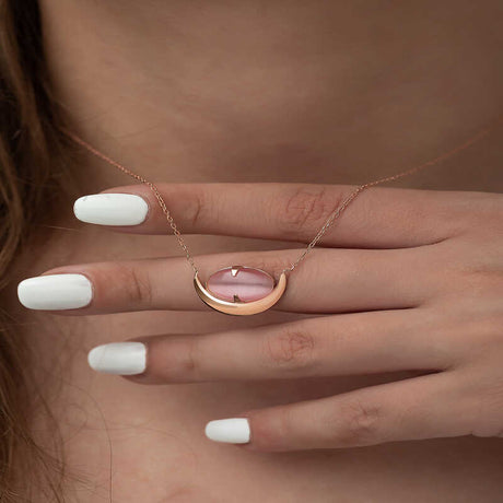 Rose Gold-Tone Pink Cat's Eye Crescent Pendant Necklace
