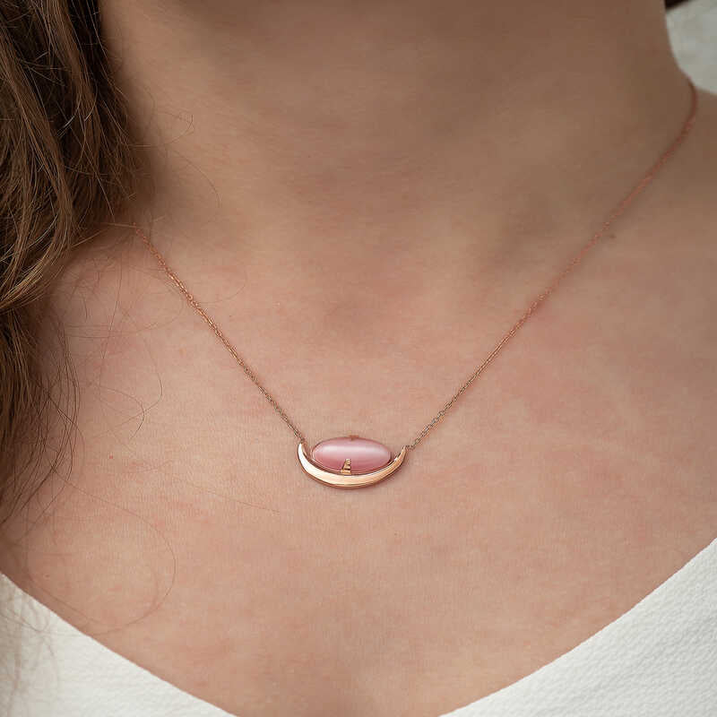 Rose Gold-Tone Pink Cat's Eye Crescent Pendant Necklace