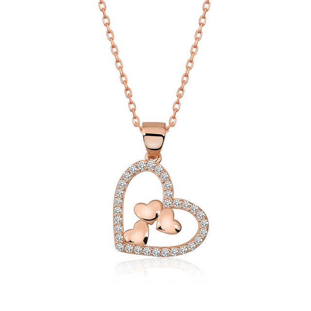 Rose Gold Plated Silver Necklace - Sparkling Triple Heart Design