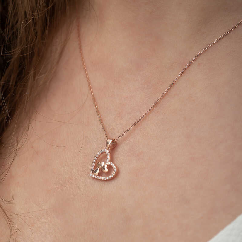 Rose Gold Plated Silver Necklace - Sparkling Triple Heart Design