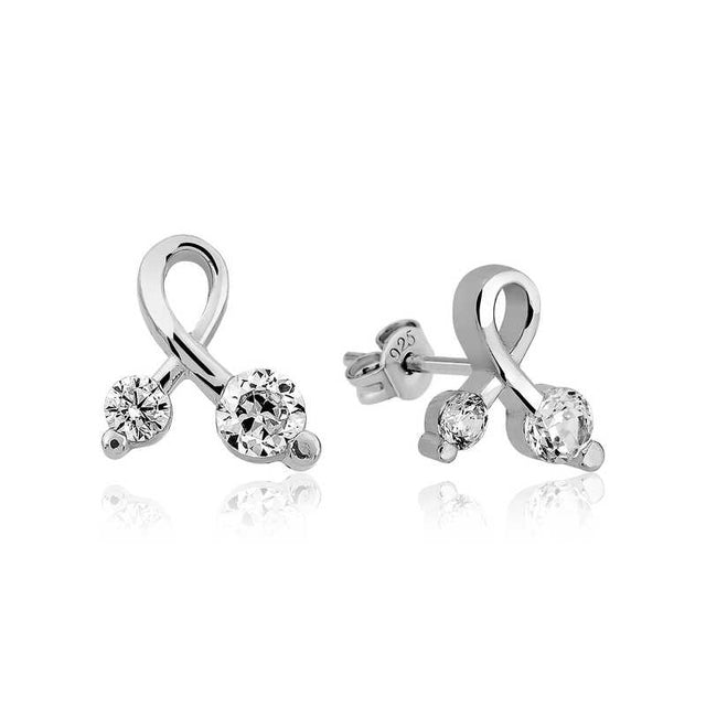 Sterling Silver Ribbon Loop Stud Earrings with Sparkling Zirconia