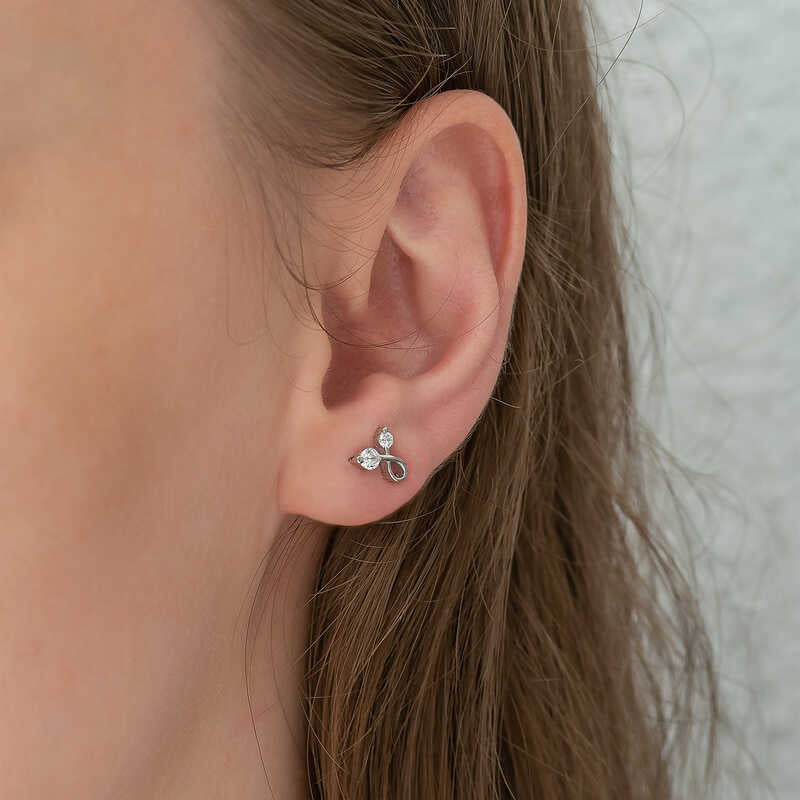Sterling Silver Ribbon Loop Stud Earrings with Sparkling Zirconia