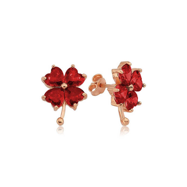 Rose Gold Tone Red Heart Clover Stud Earrings - Elegant & Lucky