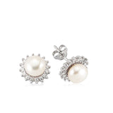 Stud Earrings - Sterling Silver Pearl & Cubic Zirconia Floral Halo