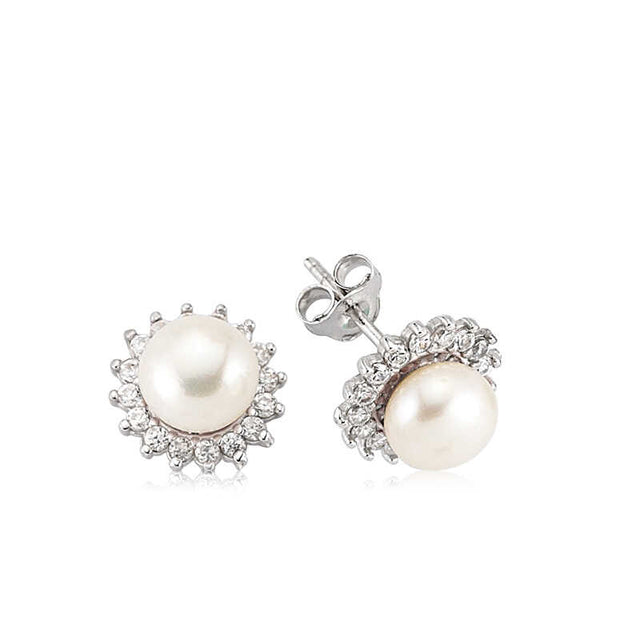 Stud Earrings - Sterling Silver Pearl & Cubic Zirconia Floral Halo