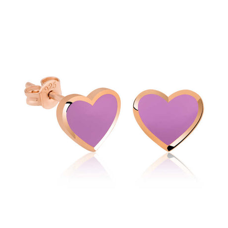 Heart Stud Earrings - Rose Gold Plated Sterling Silver with Lilac Enamel