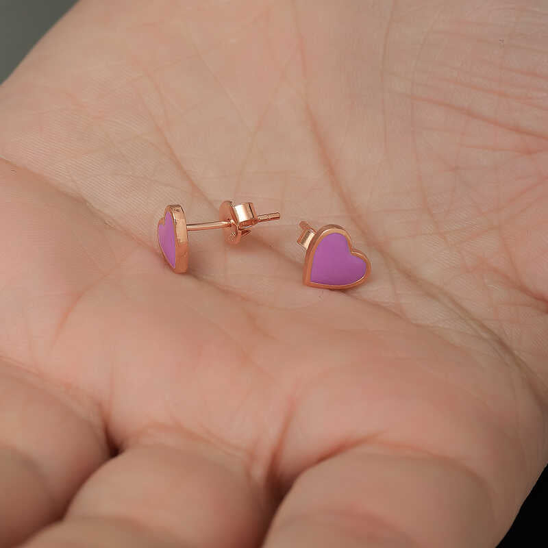 Heart Stud Earrings - Rose Gold Plated Sterling Silver with Lilac Enamel