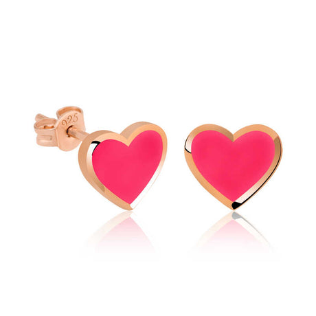 Rose Gold Plated Sterling Silver Pink Enamel Heart Stud Earrings