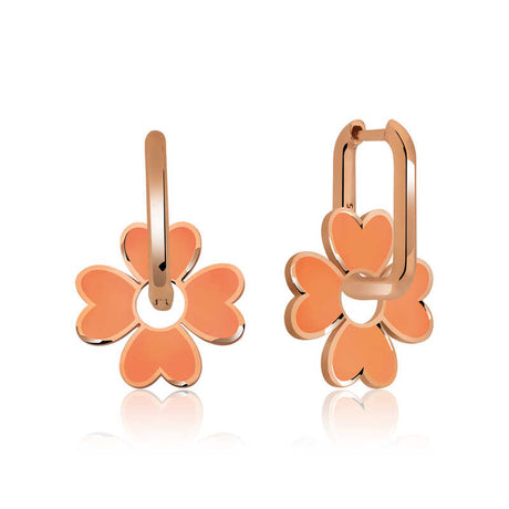 Rose Gold-Tone Clover Charm Hoop Earrings - Orange Enamel