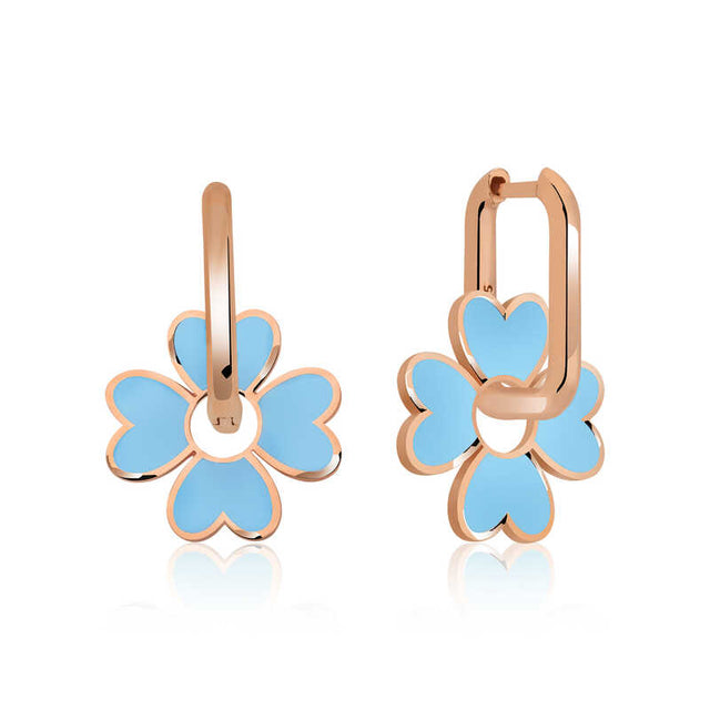 Hoop Earrings - Rose Gold-Tone Blue Enamel Clover Charm