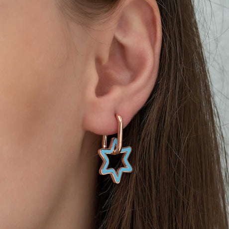 Hoop Dangle Earrings - Rose Gold Plated Sterling Silver Blue Enamel Star