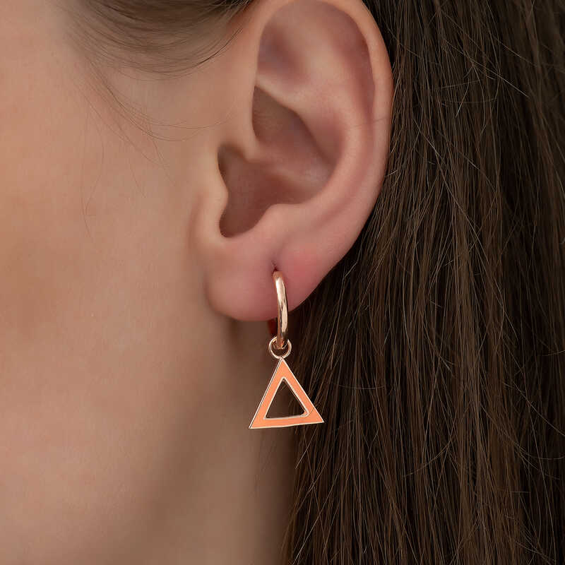 Náušnice s kruhovým závěsem - minimalistický oranžový trojúhelník v růžově zlaté barvě