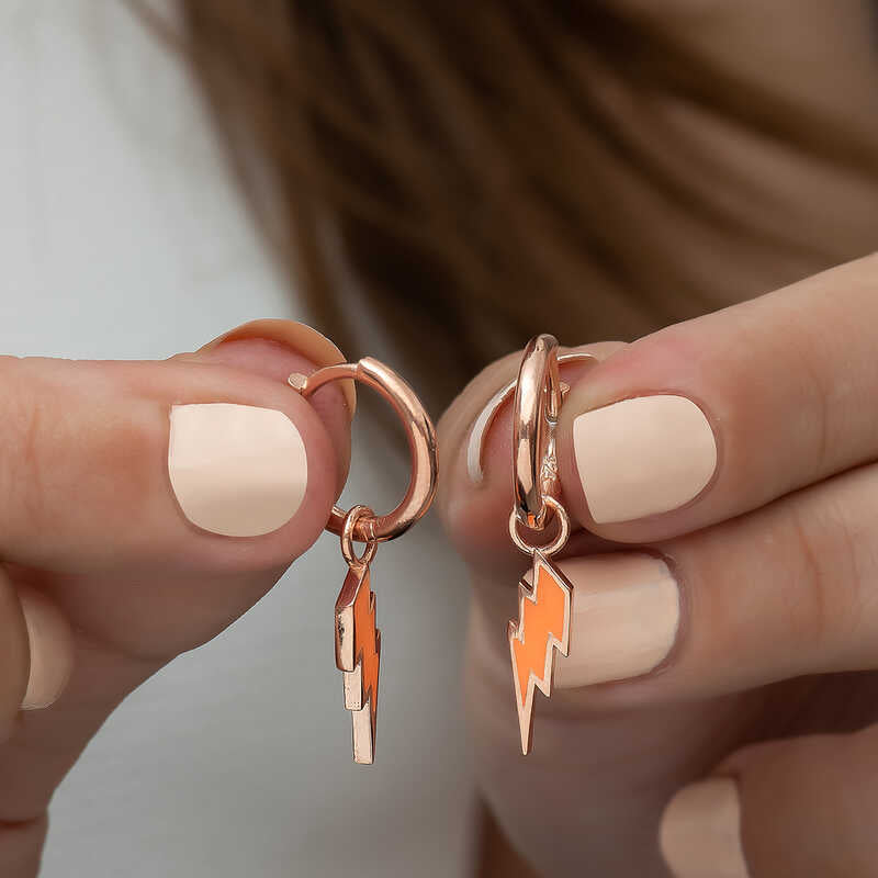 Dangle Hoop Earrings - Rose Gold Tone Orange Lightning Charm