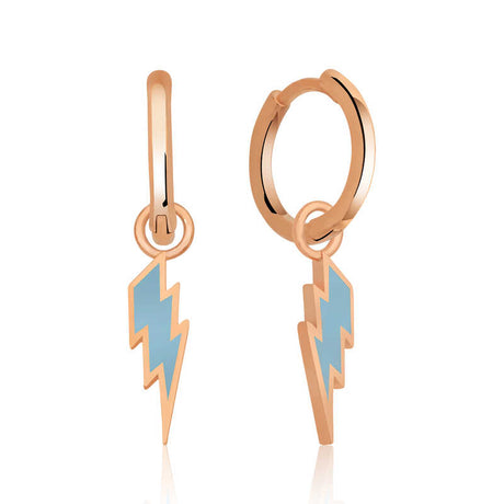 Rose Gold Plated Hoop Earrings - Blue Enamel Lightning Bolt Charm
