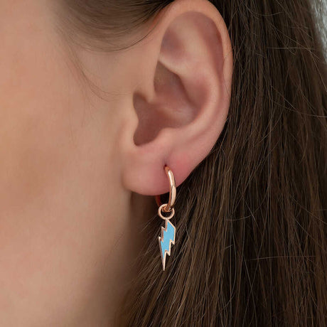 Rose Gold Plated Hoop Earrings - Blue Enamel Lightning Bolt Charm