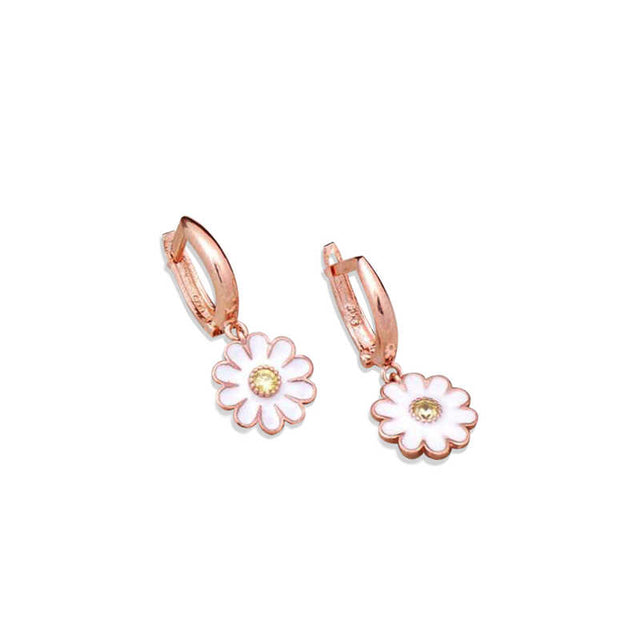 Rose Gold Plated 925 Silver Daisy Flower Drop Earrings - Enamel Design