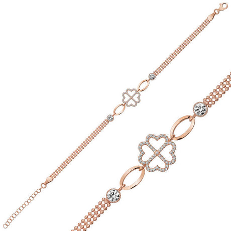 Rose Gold Plated Sterling Silver Bracelet - Dainty Clover Heart CZ Design