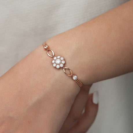 Bracelet - Rose Gold Plated Sterling Silver Floral Cubic Zirconia
