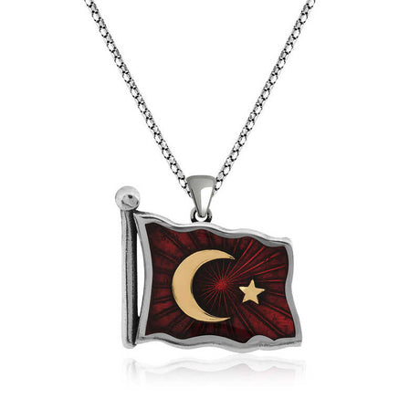 Sterling Silver Turkish Flag Necklace - Enamel Crescent Star Pendant