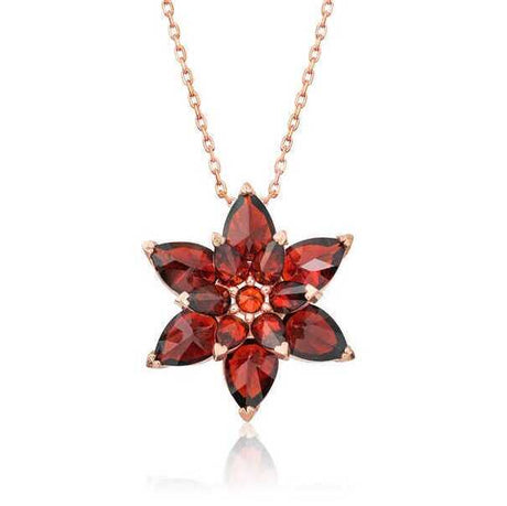 Necklace - Rose Gold Plated Silver Red Garnet Lotus Flower Pendant
