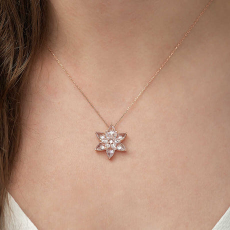 Necklace - Rose Gold Tone Sparkling White Stone Lotus Flower