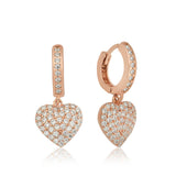 Rose Gold Plated Pave Heart Dangle Hoop Earrings - Sterling Silver