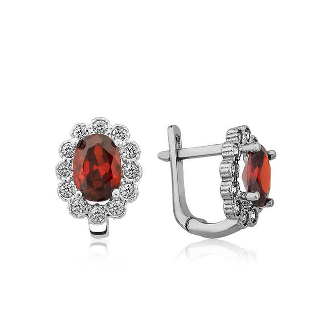 Sterling Silver Red Garnet Oval Halo Cluster Earrings