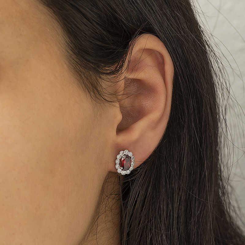 Sterling Silver Red Garnet Oval Halo Cluster Earrings